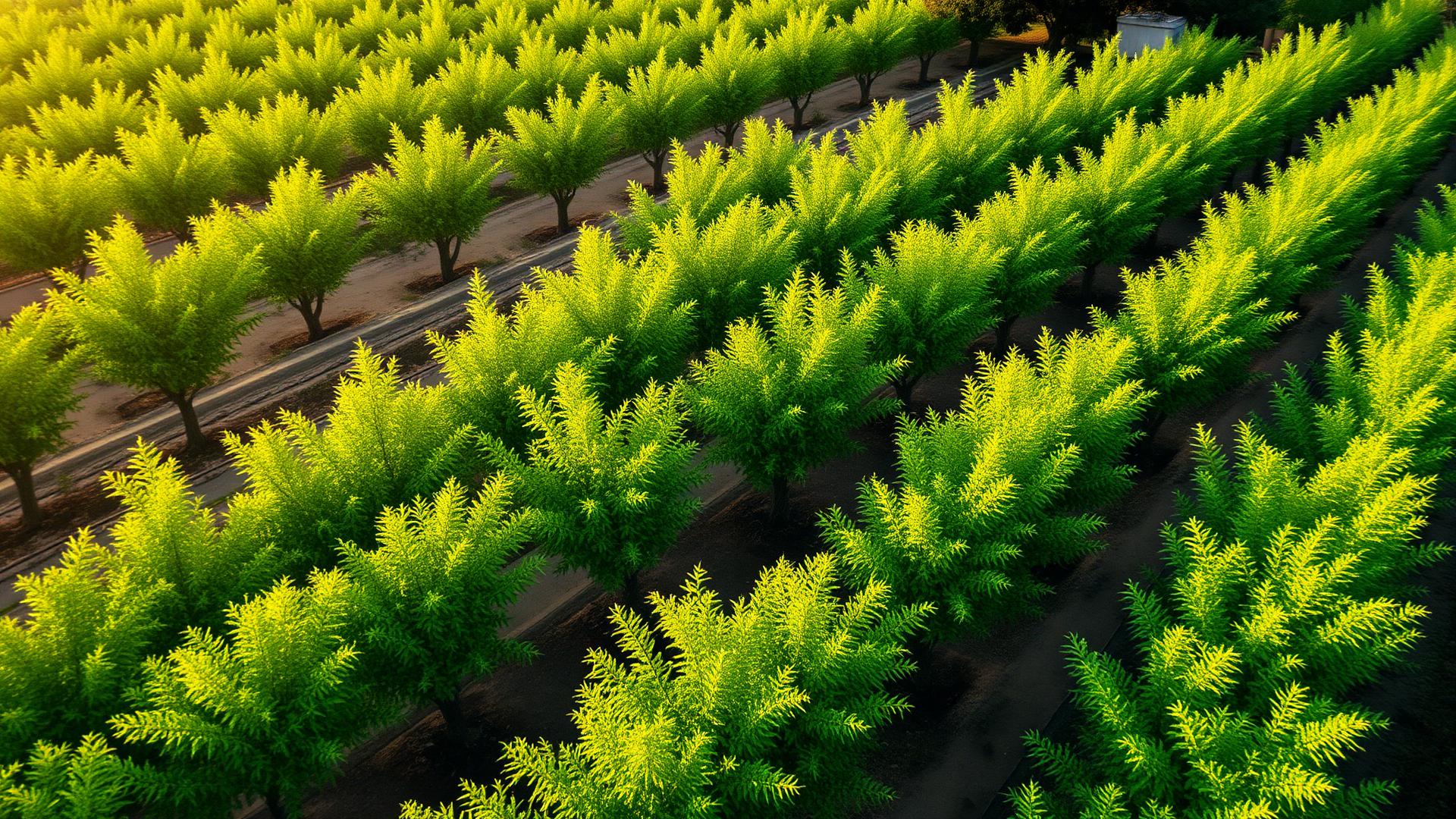 Aerial view of a moringa plantation at sunrise